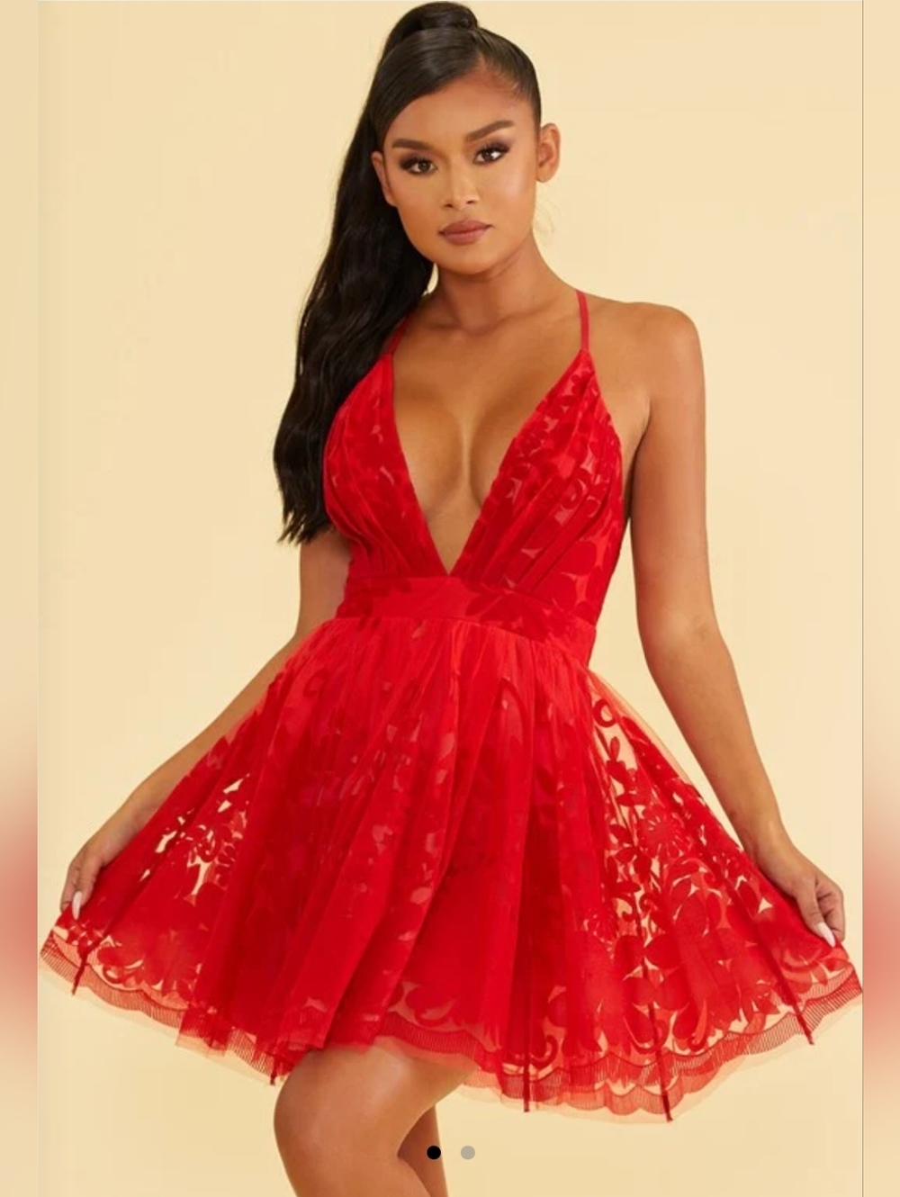 EUC Luxxel Elegant Red Lace Layered Strap Deep V-Neck Ruffle Dress Women's S